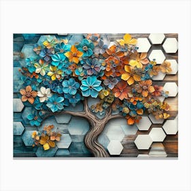 Fantasy 3d On Wooden Oak With White Lattice Tiles, Tree With Kaleidoscopic Leaves Canvas Print