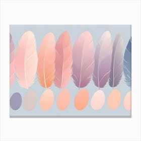 Set Of Ten Pastel Colored Feathers With Matching Color Eggs On A Light Blue Background Canvas Print