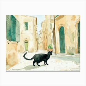 Black Cat In Bari, Italy, Street Art Watercolour Painting 3 Canvas Print