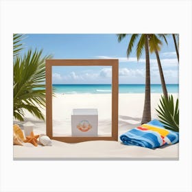 A Wooden Frame Placed On A White Sand Beach With A Towel, Seashells, And A Small Box Canvas Print