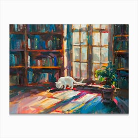 White Cat In The Library - Near The Window Canvas Print