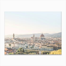 Florence, Italy I Pastel panorama photography of the city on the Duomo Santa Maria by the sunset light in summer vintage aesthetic with views of Tuscany countryside, cypress trees, the Arno river and mountains Canvas Print