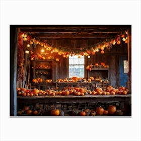 A Traditional Rural Barn Decked Out For An October Thanksgiving Festival Nostalgic Wooden Beams Glo (4) 1 Canvas Print