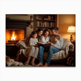 Cozy Room Interior In A Norman Rockwell Painting Style Family Of Four Engaged In A Shared Reading M 2 1 Canvas Print