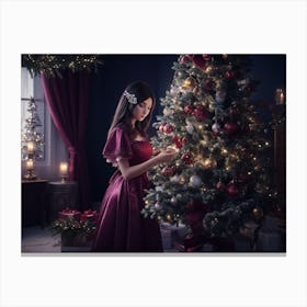 Girl Decorating A Christmas Tree Canvas Print