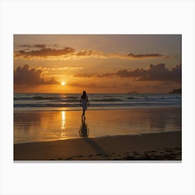 Woman Walking On The Beach At Sunset Canvas Print