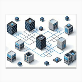 Isometric View Of A Network Of Buildings With Blue Connecting Lines, Representing A Data Center Or A Digital Infrastructure Canvas Print