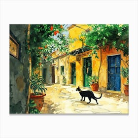 Heraklion, Greece   Cat In Street Art Watercolour Painting 4 Canvas Print