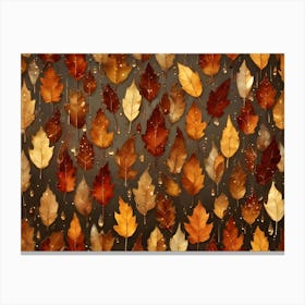 A Repeating Pattern Of Autumn Leaves In Shades Of Orange And Brown, Adorned With Water Droplets, On A Dark Background Canvas Print