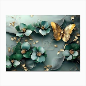 Gold Butterfly With Green Flowers Canvas Print