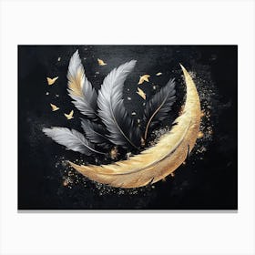 3d Golden and Black Feathers Moon and Birds Canvas Print