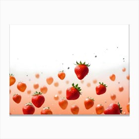 A Vibrant Image Of Multiple Strawberries Falling Through A Creamy, Orange Splash, Creating A Dynamic And Delicious Scene Canvas Print