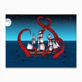 Mythological Kraken Attacks Ship At Night Canvas Print