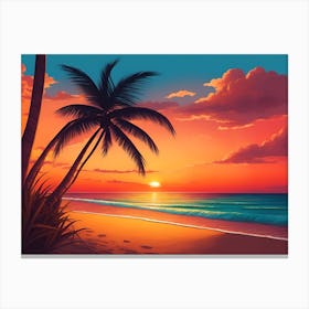 A Tranquil Beach At Sunset Horizontal Illustration 31 Canvas Print