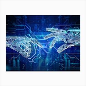 Abstract Cyber Concept Art Depicting A Human Hand And Artificial Intelligence Robotic Finger Almost (5) Canvas Print