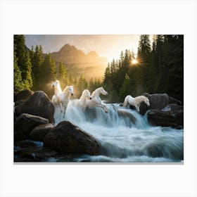 Transparent Four Water Horses Emerging From A Wild Stream With A Towering Wave Of Spray Capturing M Canvas Print