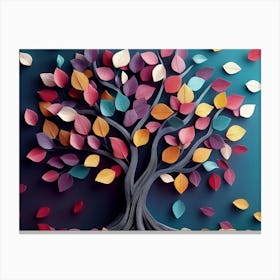 Colorful Tree with Leaves on Hanging Branches of Blue, White and Golden Canvas Print