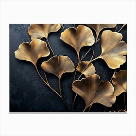 Refined 3d Floral Art with Golden Ginkgo Biloba Leaves on Dark Background Canvas Print