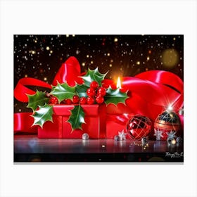 A Festive Christmas Greeting Symbolically Displayed Featuring Holly Fresh And Fiery Red Leaves Br (1) Canvas Print