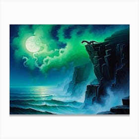 Green Dragon Perched On A Sheer Cliff Icy Blue Ocean Sprawling Below Under A Pale Moonlight Scales Canvas Print