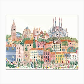 Barcelona Landmarks Painting Landscape Canvas Print