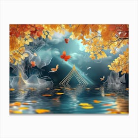 Autumn Leaves On The Water 3d 1 Canvas Print