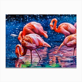 Flamingos in a Tranquil Lagoon. A serene scene of vibrant pink flamingos wading and interacting in a lush, green lagoon surrounded by dense foliage. The water reflects their elegant forms, creating a harmonious connection between nature and wildlife. Canvas Print