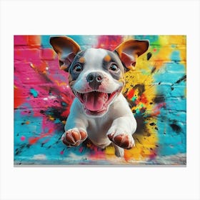 Vivid 3d Art Design Showcasing A Lively And Cute Dog Bursting Through A Colorful, Graffiti, Canvas Print