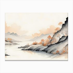 Watercolor Painting Of A Landscape With Mountains, A River, And Trees Canvas Print