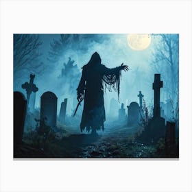 Silhouette Of A Daemon Costume Amidst A Fog Shrouded Cemetery Steam Rising From The Ground Adding T (2) Canvas Print