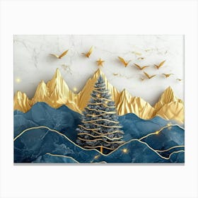 3d Modern Art with Christmas Tree, Golden Lines and Mountain and Birds in Blue Marble Canvas Print