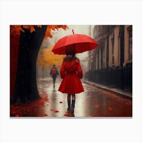 Girl With Red Umbrella In The Rain Canvas Print