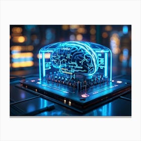 Cybernetic Brain Computer Interface Glowing With Neon Circuitry Entwined With Holographic Digital S (5) Canvas Print