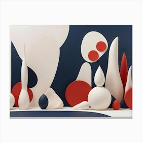 Modern And Minimalist 3d Rendering Of Geometric Shapes In White, Red, And Blue On A Blue And White Background Canvas Print