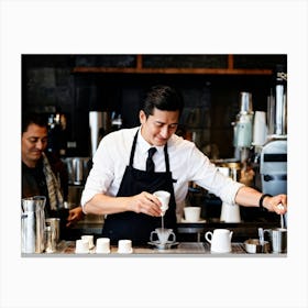 Barista Focused On Pouring Water Into A Step By Step Dripper Amid The Bustling Ambiance Of A Busy C (1) Canvas Print