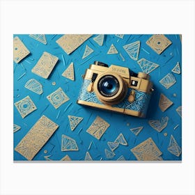 A Vintage Camera With A Gold Finish, Surrounded By Various Geometric Shapes In Shades Of Gold And Blue, Creating A Visually Interesting Composition Canvas Print