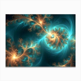 Abstract Image Featuring Intricate Swirling Patterns In Shades Of Teal, Gold, And White, Reminiscent Of Frost Or Delicate Foliage 1 Canvas Print