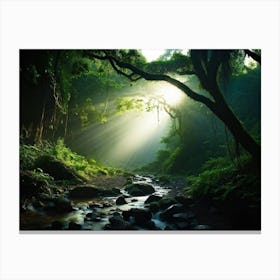 A Winding Path Carved Through An Ancient Forest Lush Greens Enveloping The Trail A Solitary Tree W (2) Canvas Print