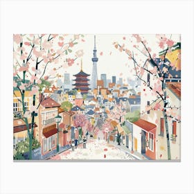 Tokyo Streets Sakura Landscape Watercolour Canvas Print