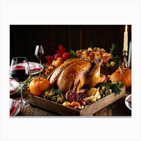 Elegant Dinner Table Featuring A Harvest Themed Feast For Thanksgiving Roasted Turkey Taking Center 2 1 Stampe su tela