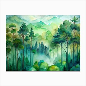 Watercolor Painting Of A Misty Green Forest Canvas Print