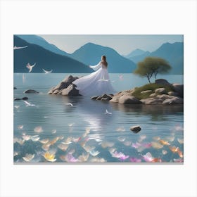 Woman Standing By A Lake with magical view Canvas Print