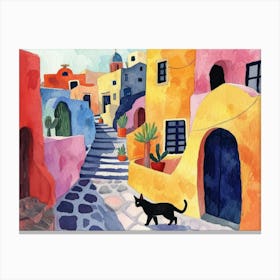 Santorini, Greece   Cat In Street Art Watercolour Painting 2 Canvas Print