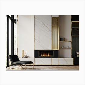 Geometric Fireplace Adorned With Lustrous Black And Brass Accents Brass Shelves Hosting Minimal Dec Canvas Print