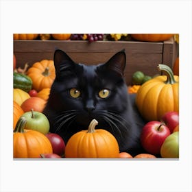 Black Cat Sitting In A Pile Of Pumpkins And Apples Canvas Print