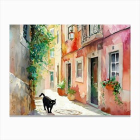 Lisbon, Portugal   Cat In Street Art Watercolour Painting 2 Canvas Print