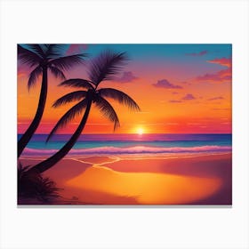 A Tranquil Beach At Sunset Horizontal Illustration 7 Canvas Print