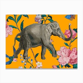 Elephant Floral Twist Vintage Illustration Yellow Canvas Print