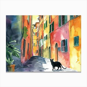 Black Cat In Genoa, Italy, Street Art Watercolour Painting 2 Canvas Print