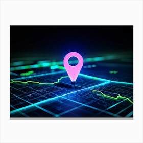 Gps Navigation Pin Icon Glowing Neon Against A Dark Map Background Latitude And Longitude Grid Sub (5) Leinwandbild